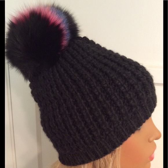 Black Beanie With genuine Mixed Colorful Pompom